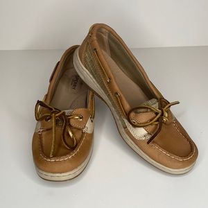 SPERRY Leather and Canvas Boat Shoes - Brown/Gold- Women’s Size 7.5